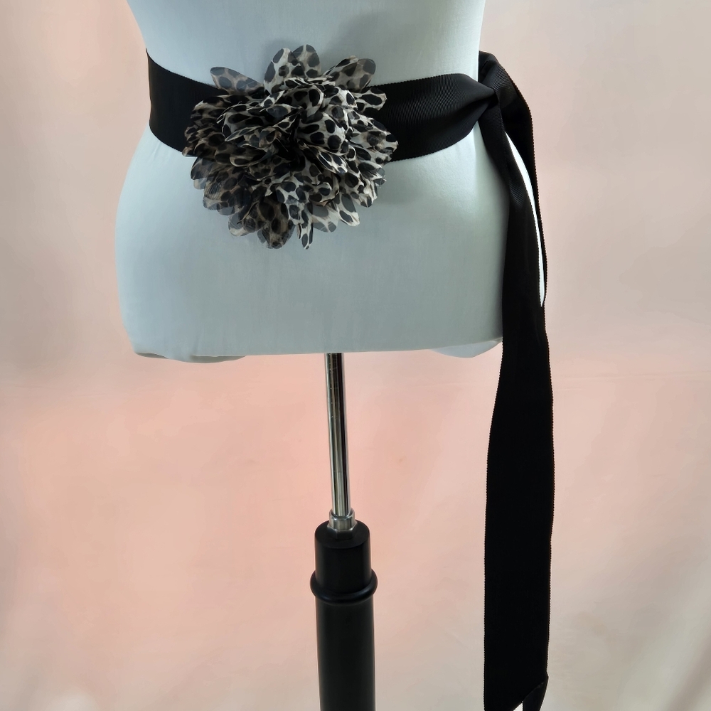 White House Black Market Sash Belt with Animal Print Flower Rosette - Picture 2 of 6